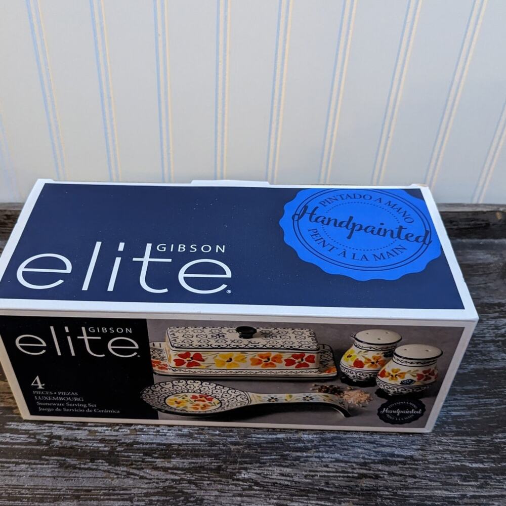 Gibson Elite Hand Painted Multicolor 4 Piece Serving Set New In Box - Picture 3 of 3